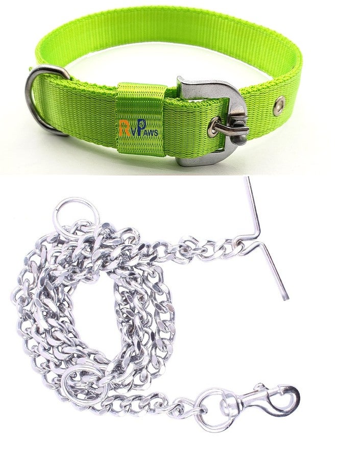 Pups&Pets Dog Belt Combo of 1 Inch Nylon Collar with Heavy Dog Chain 63 Inch Lengthy Dog Collar Chain (Large Size) - Parrot Green - Image 1